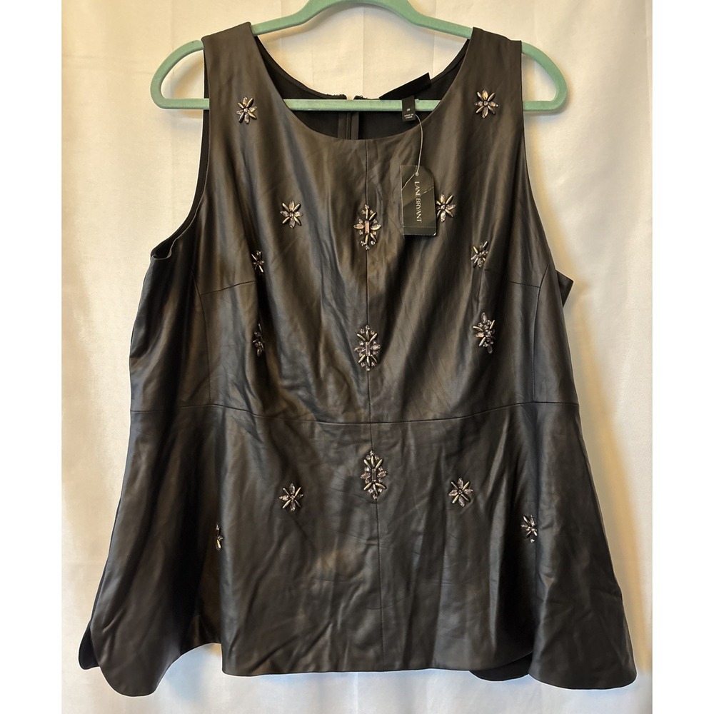 Lane Bryant Women's Faux Leather Peplum Jeweled Tank Top Black Zipper 18 NWT